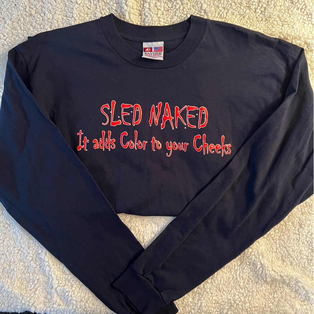 Bayside Navy " Sled Naked" Navy Long Sleeve Graphic Tee Size: Large - Picture 4 of 8